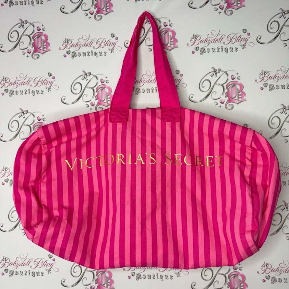 Victoria secret duffle bag large striped OG rare pink gold writing large tote